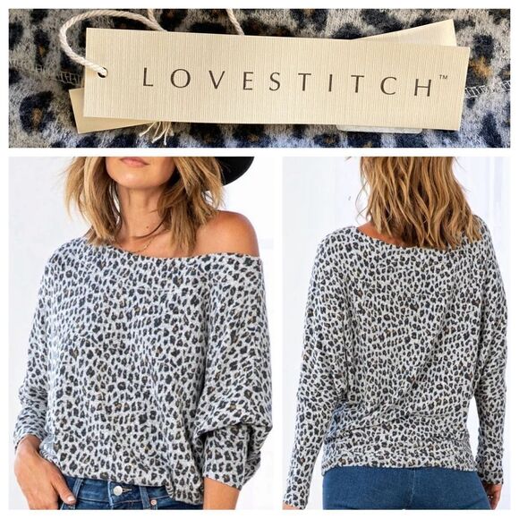 LOVESTITCH Leopard Top Dolman Sleeve Sweater NEW Small Grey Soft - Picture 2 of 10